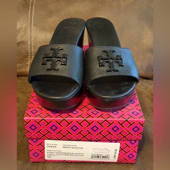 Tory Burch Black Leather Slides - Picture 1 of 5